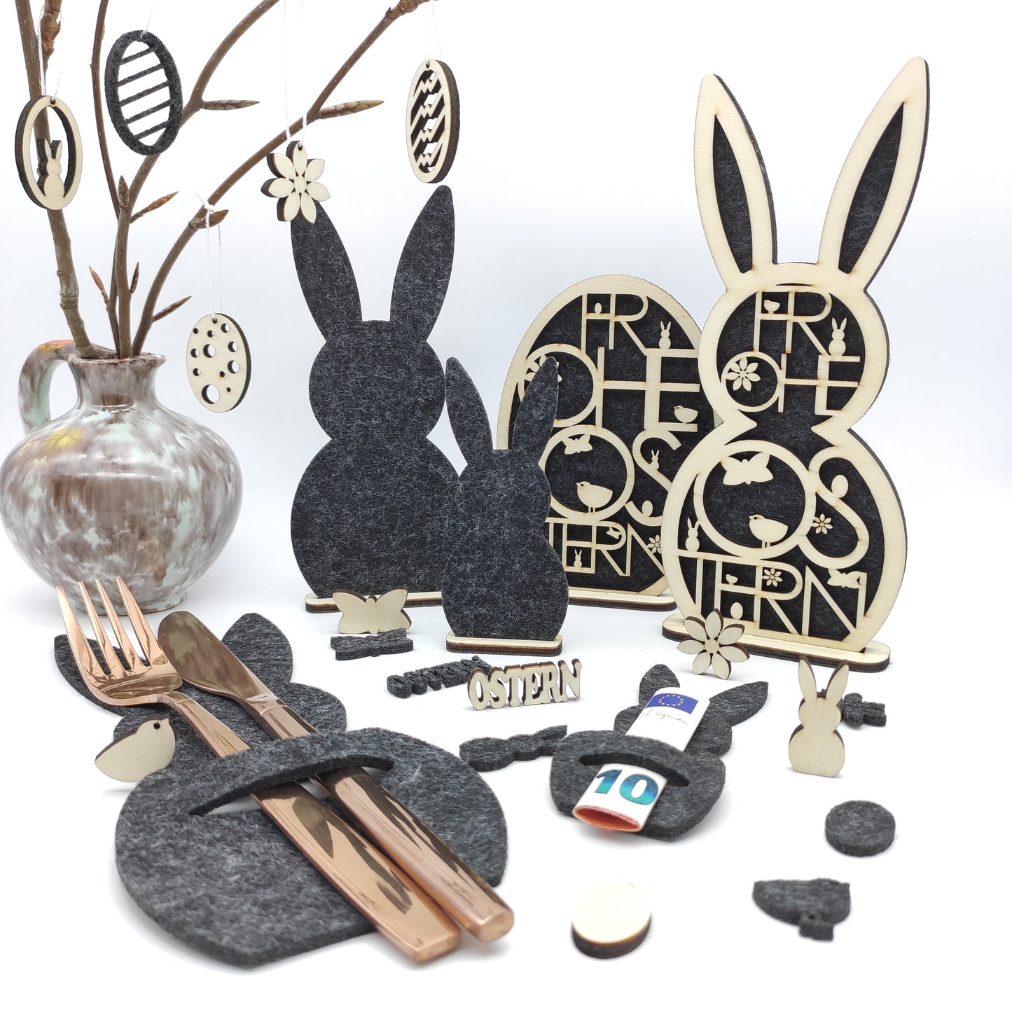 Osterdekoration - Osterhase und Osterei aus Holz mit Filz