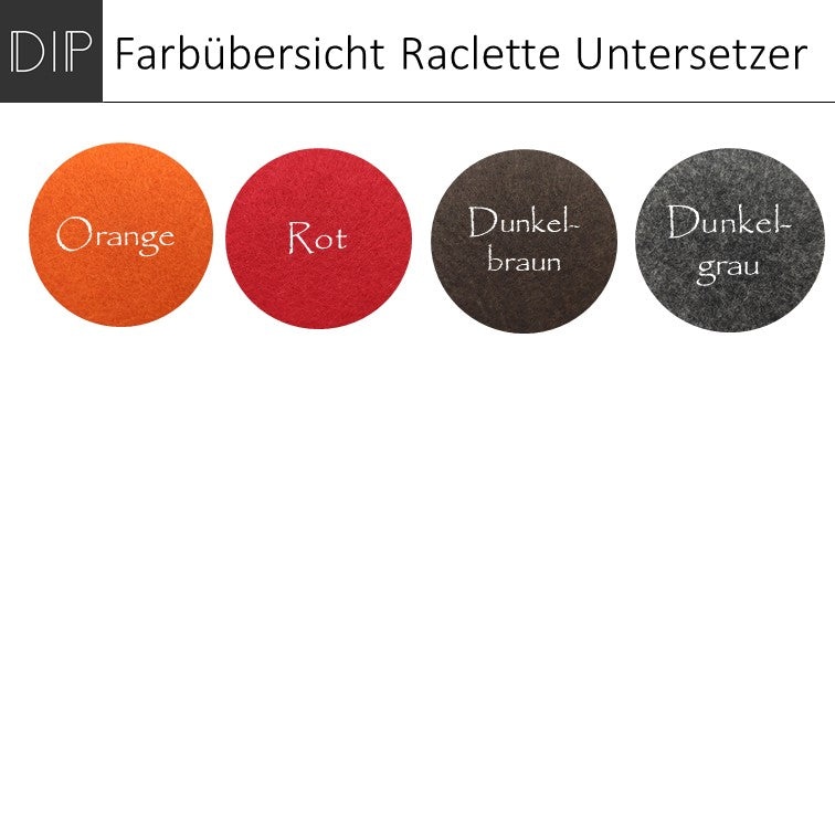 Farbeuebersicht Raclette Untersetzer Orange Rot Dunkelbraun Dunkelgrau
