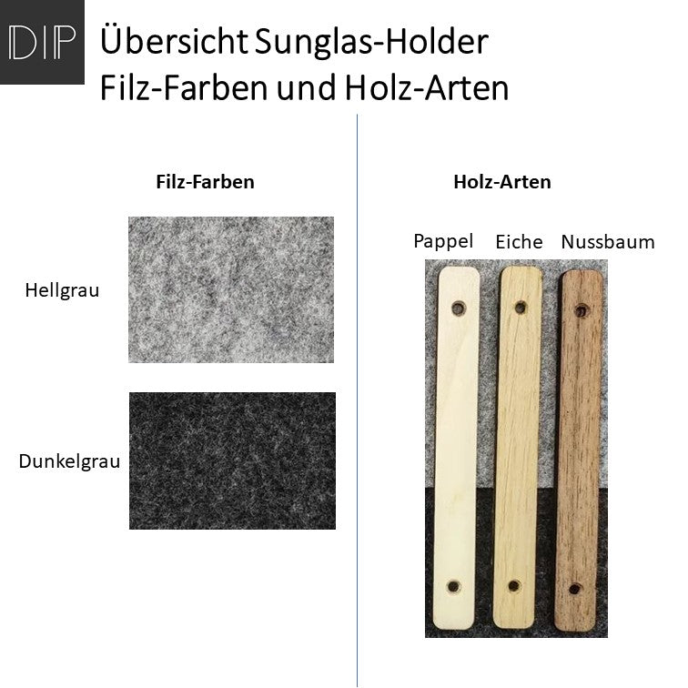 Uebersicht Singlas-Holder Filz-Farben und Holz-ArtenWandhalter - Sonnenbrillen Filz hellgrau dunkelgrau Pappel Eiche Nussbaum