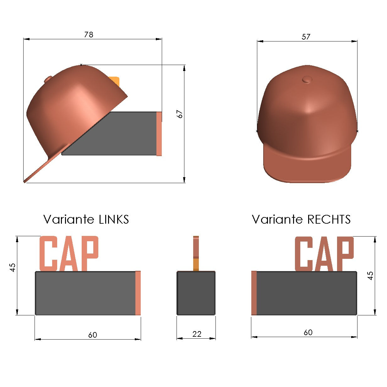 Wandhalter - Caps Kunststoff Minicap Maße Variante links Variante rechts
