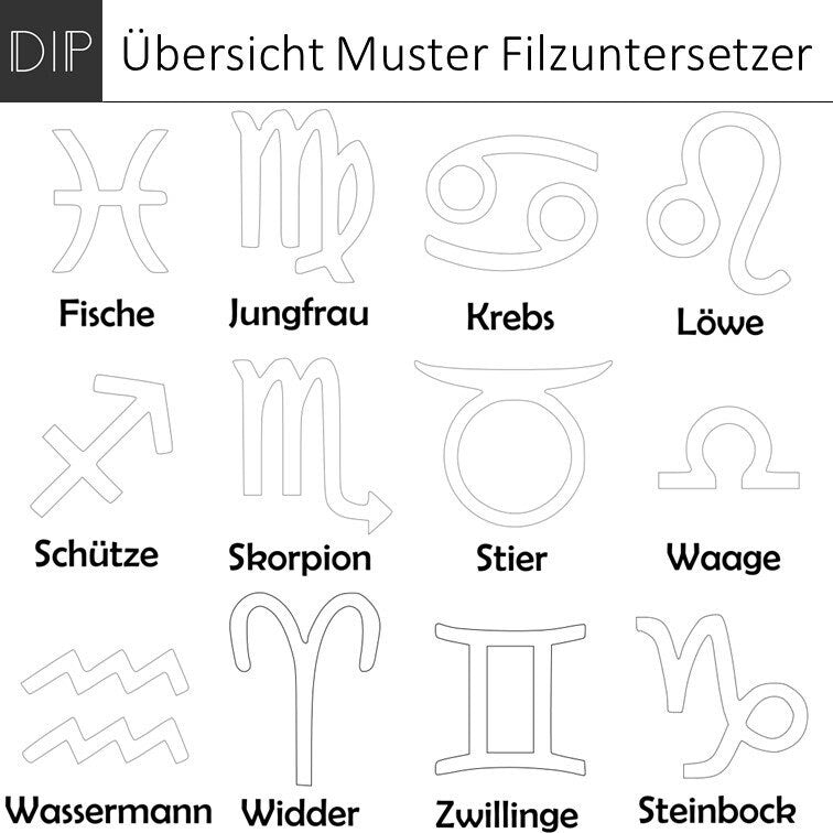 Uebersicht Muster Filzuntersetzer - Sternzeichen - Fische Jungfrau Krebs Loewe Schuetze Skorpion Steinbock Stier Waage Wassermann Zwillinge Widder