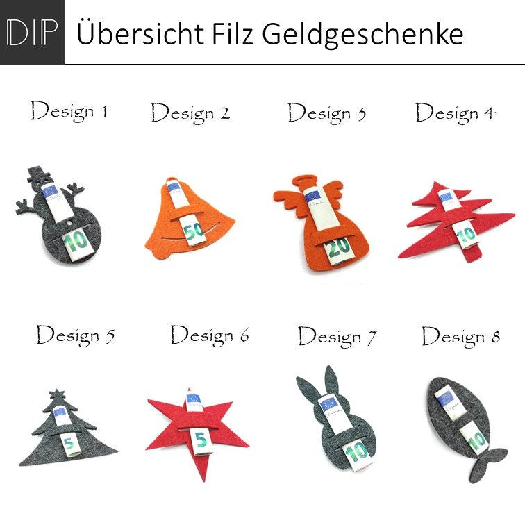 Geldgeschenk Filz Uebersicht  Schneemann Glocke Engel Baum Stern Hase Fisch