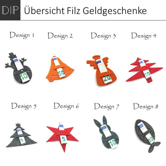 Geldgeschenk Filz Uebersicht  Schneemann Glocke Engel Baum Stern Hase Fisch